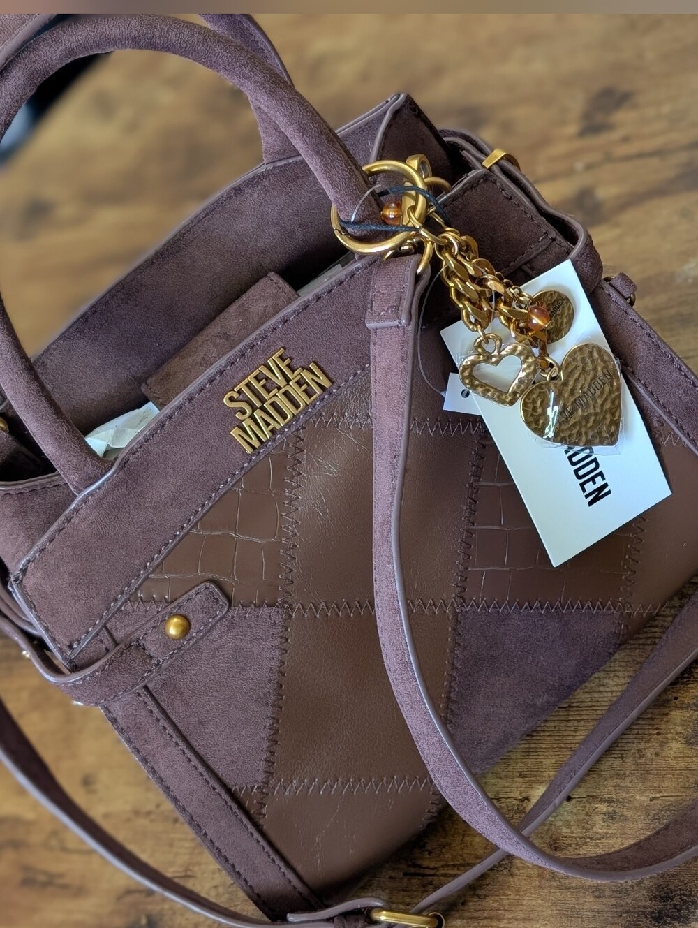NWT Steve Madden Brown Patchwork Suede & Leather Shoulder Bag with Heart Charm